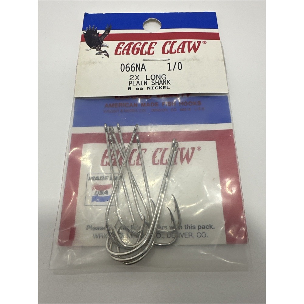 Eagle Claw 066NA 2X Long Plain Shank Hook Nickel Size 1/0 8 Pack CDH01176R